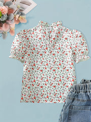 Girl's Floral Short Sleeve Shirt with Bow and Keyhole Back