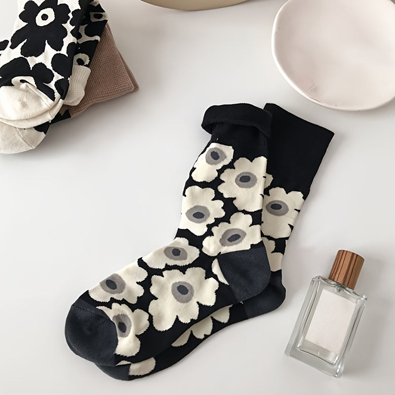 3 Pairs Floral Print Socks Mid Tube Comfy & Breathable Women's Stockings