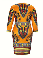 Boho Dress Women's Plus Tribal Print V Neck Midi Dress