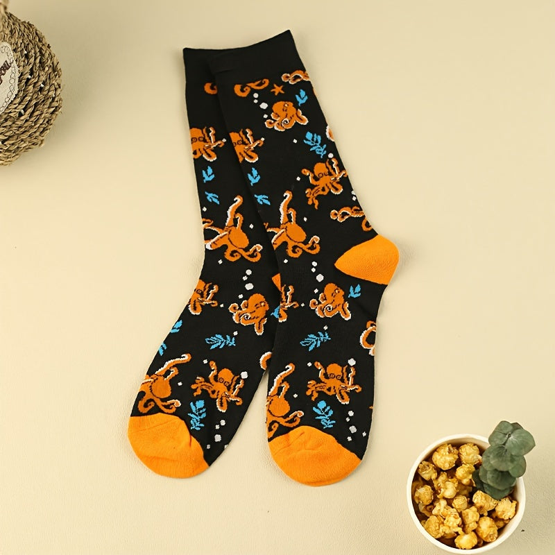3 Pairs Cartoon Octopus Print Socks Women's Mid Tube Stockings