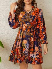 Floral Print Lantern Sleeve V Neck Mini Dress With Belt