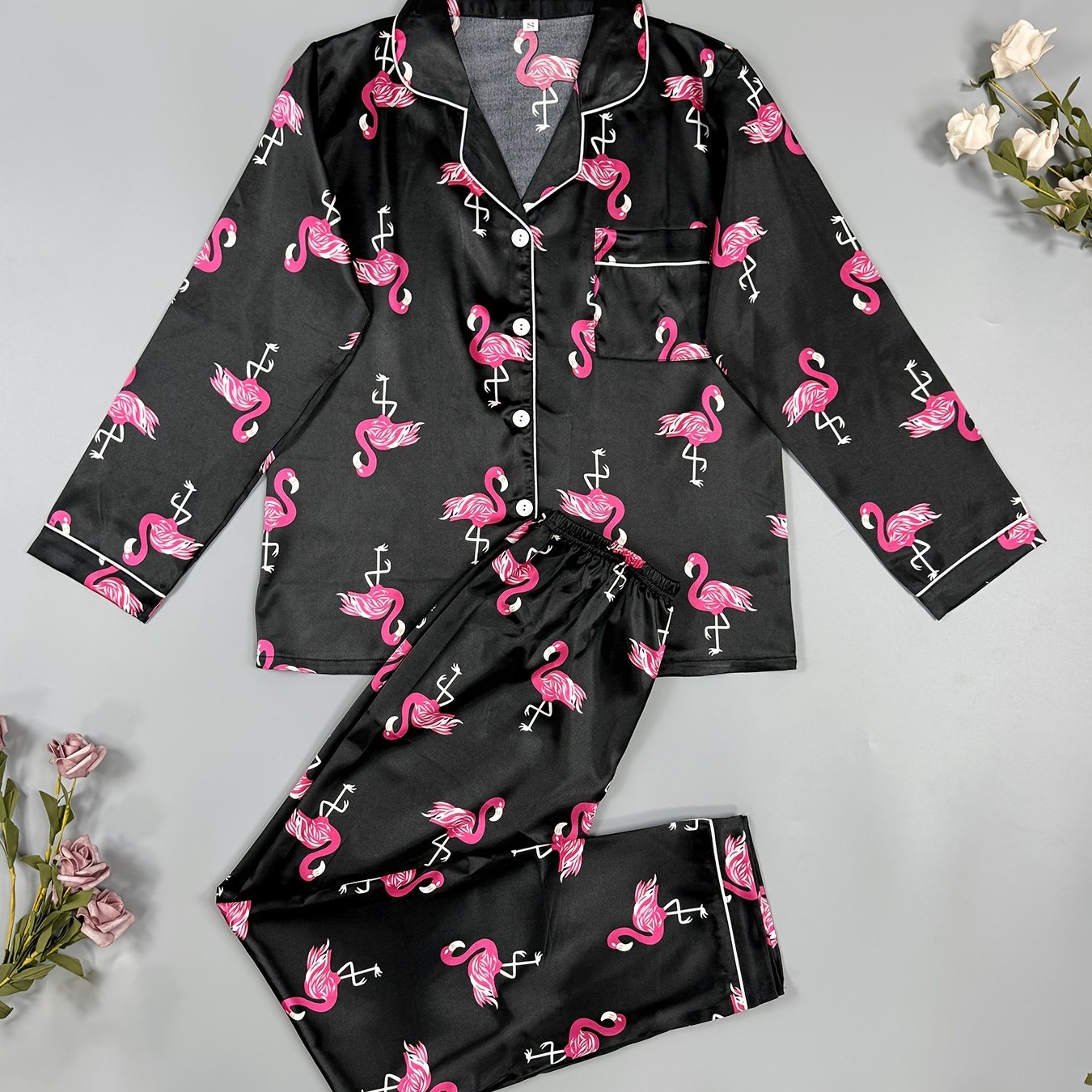 Flamingo Print Pajama Set Long Sleeve Top & Pants Women's Sleepwear