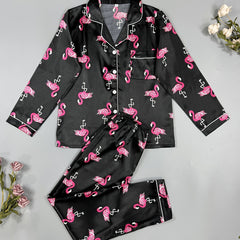 Flamingo Print Pajama Set Long Sleeve Top & Pants Women's Sleepwear