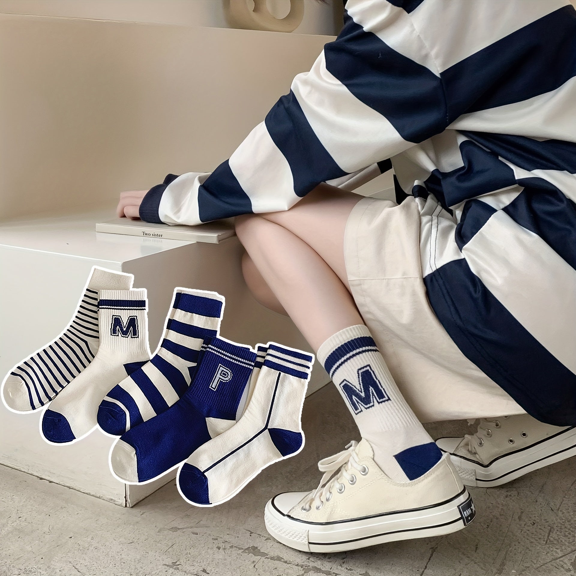 10 Pairs Unisex Striped Mid Calf Socks for Teens