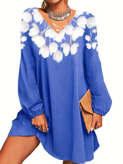 Floral Print V Neck Dress Long Sleeve Dress for Spring & Fall