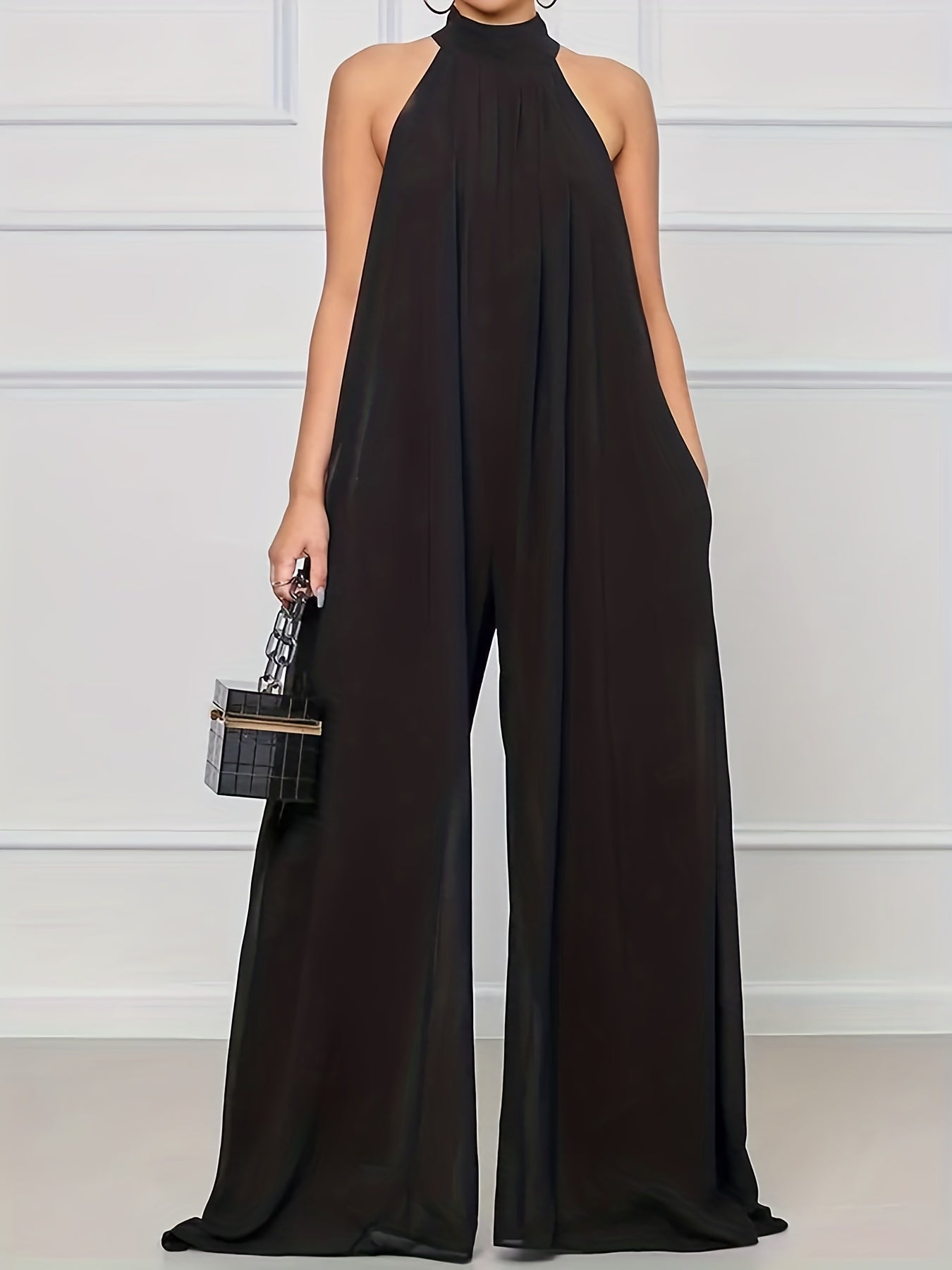 Wide Leg Jumpsuit Halter Neck Pockets