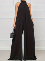 Wide Leg Jumpsuit Halter Neck Pockets