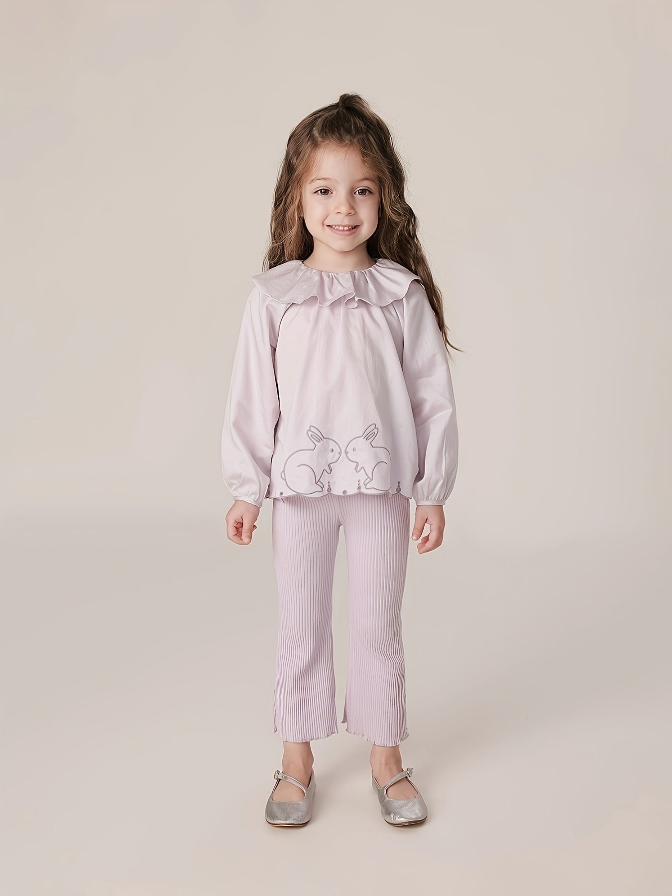 MARC&JANIE Girls Bunny Embroidery Ruffle Collar Shirt Preppy