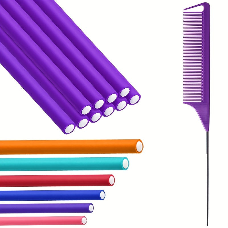 Hair Styling Tool Kit: 10 Foam Curling Rods + Rat Tail Comb