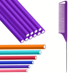Hair Styling Tool Kit: 10 Foam Curling Rods + Rat Tail Comb