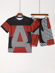 Letter And Stripe Print Mens 2 Piece Outfits T-shirt And Shorts Set