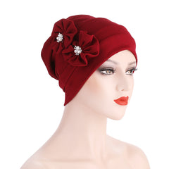 Ladies Pearl Two Flowers Turban Hat Retro Beanie Valentines