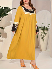 Boho Abaya Dress Women's Plus Floral Print Sequin Tassel Decor
