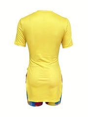 Queen Print Tee & Colorful Shorts Set Women's Outfit