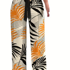 Plant Print Tie Waist Pants Wide Leg Long Length