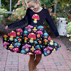 Girls Mushroom Graphic Long Sleeve Dress Spring Fall Party Gift