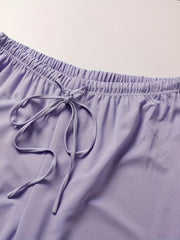 Solid Lantern Sleeve Top & Drawstring Pants Set