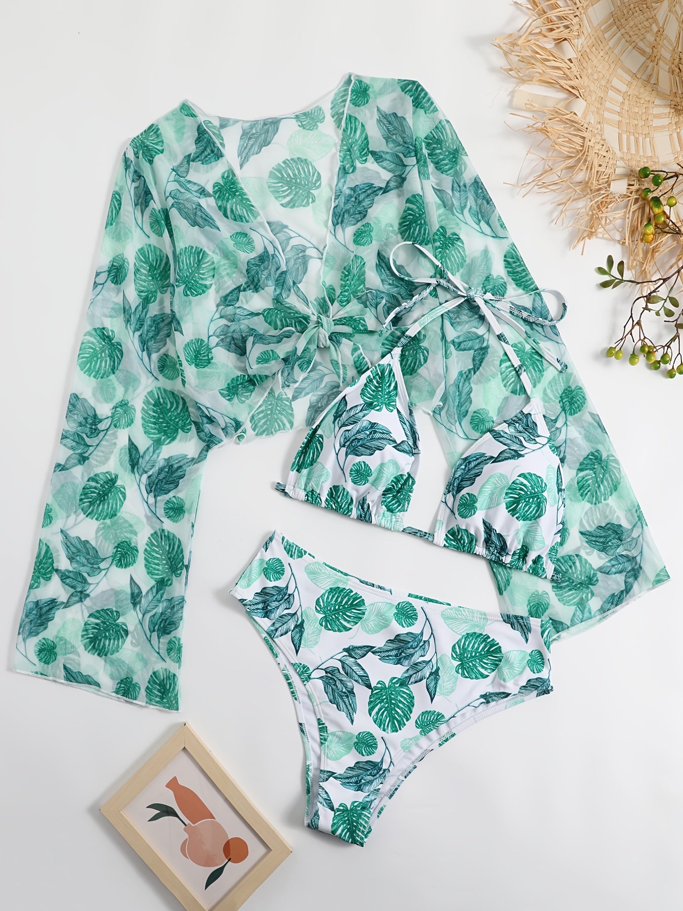 3pcs Floral Print Bikini Set Plus Size with Cover Up Tops Women's Vacation Swims