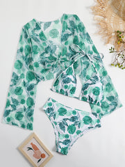 3pcs Floral Print Bikini Set Plus Size with Cover Up Tops Women's Vacation Swims