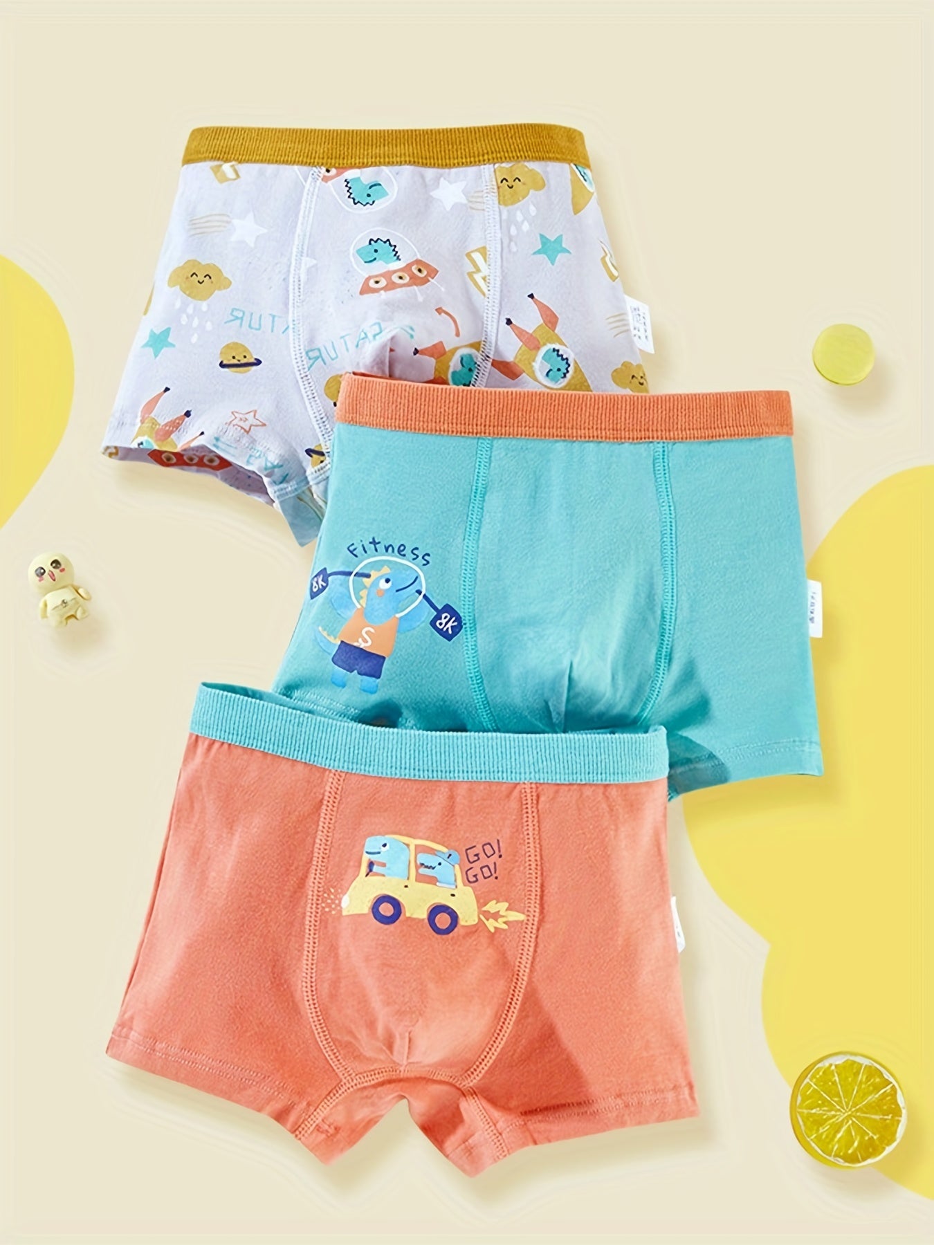 3pcs Boys Boxer Briefs Dinosaur Driving Car Print