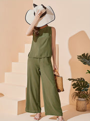 Casual Two-Piece Pants Set Side Split Tank Top & Wide Leg Pants