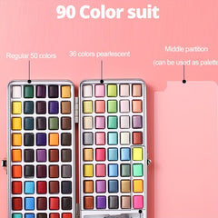 50-Color Watercolor Paint Set - Solid, Pearl, Fluorescent, Glitter, Metallic
