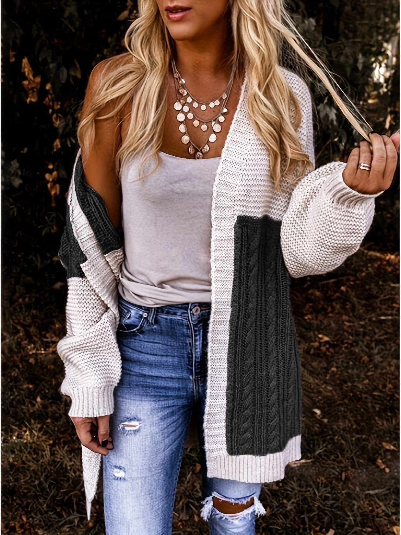Colorblock Cable Lantern Sleeve Open Front Cardigan