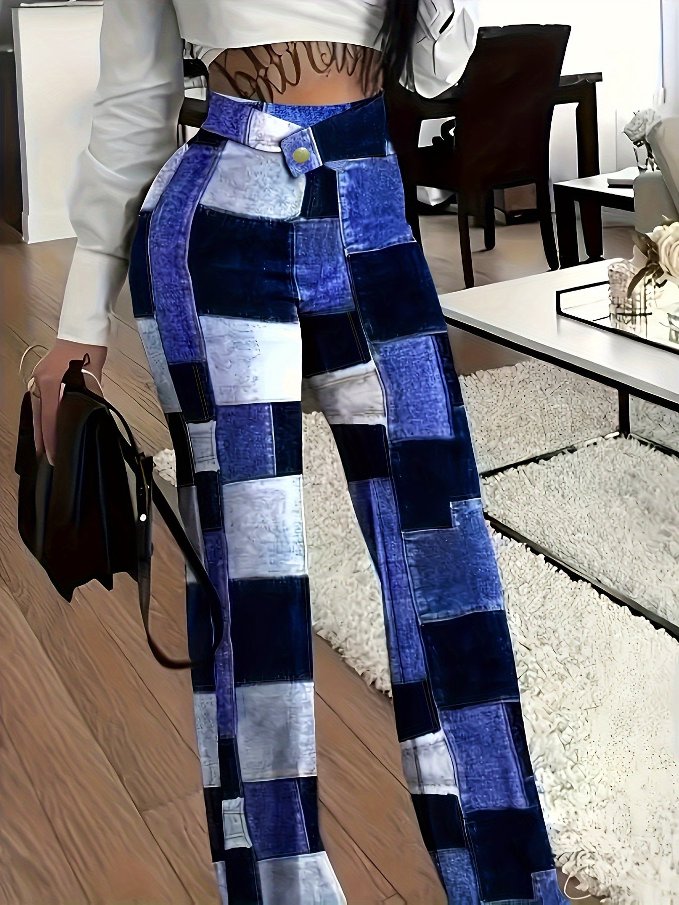 Colorblock Denim Print Button Detail Wide Leg Trousers