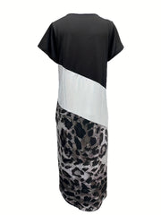 Colorblock Leopard Print Short Sleeve V Neck Tee Dress