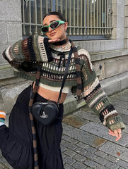 Gothic Hollow Out Boat Neck Crop Sweater