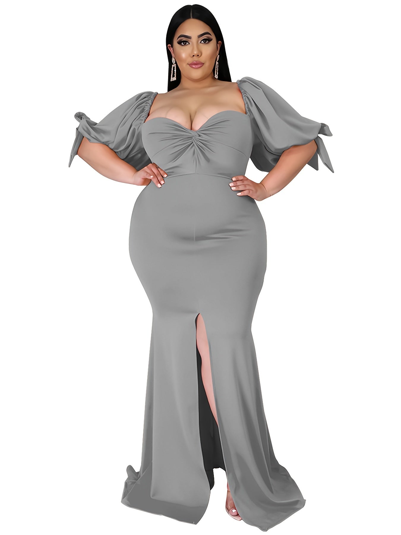 Puff Sleeve Bodycon Dress with High Split