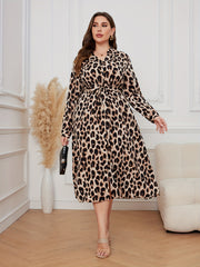 Leopard Print V Neck Midi Dress With Belt