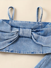 2pcs Baby Girls Bowknot Denim Camisole Top & Pants Set