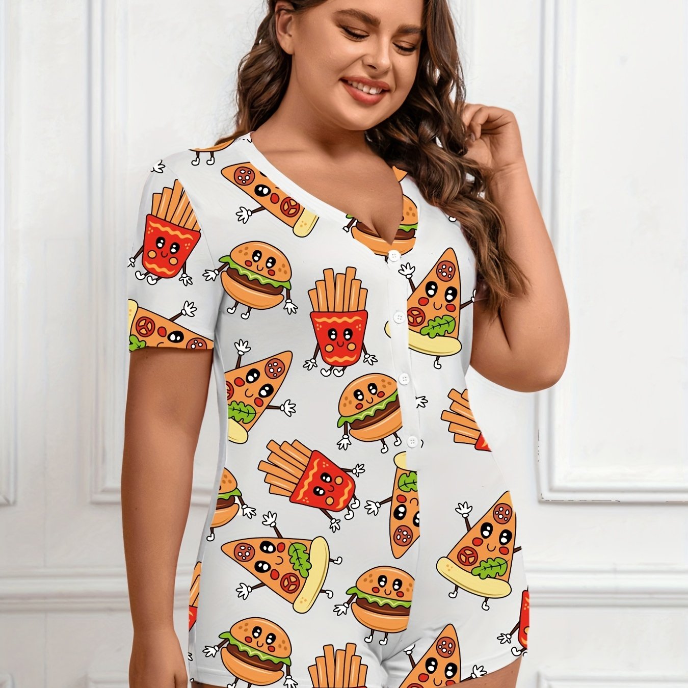 Cartoon Pizza & Burger Print Pajama Romper