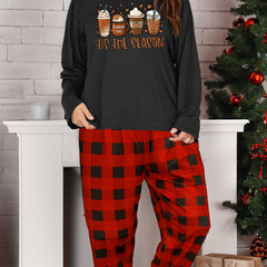 Maple Leaf & Drinks Long Sleeve Tee & Plaid Pants Pajamas Set