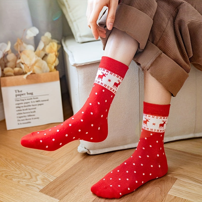 5 Pairs Polka Dot & Plaid Socks Women's Christmas Mid Tube Stockings