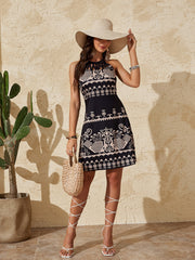 Women's Floral Print A Line Dress Halter Neck Sleeveless Ruched Mini Dress