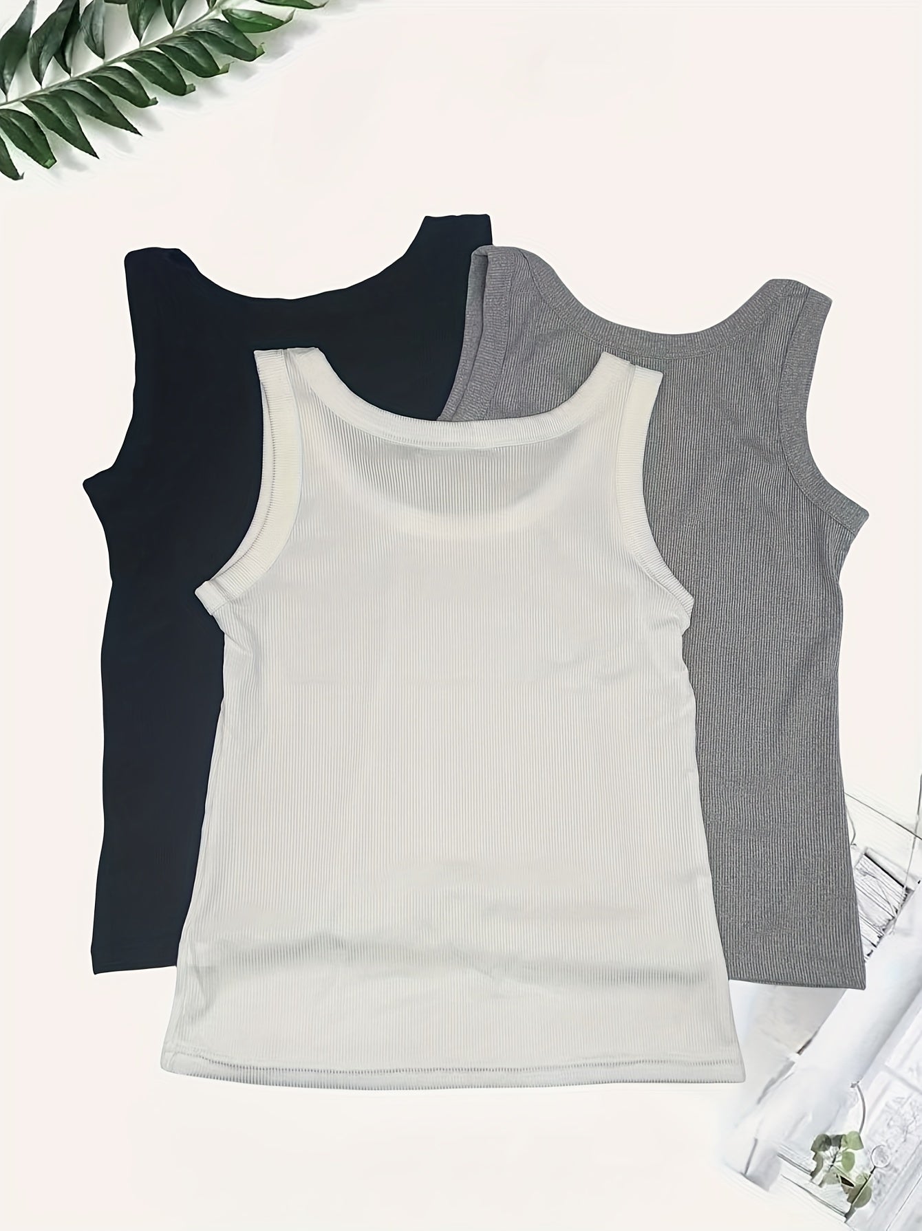 3 Sets Women's Solid Tank Tops Crew Neck Sleeveless Casual Top