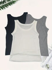 3 Sets Women's Solid Tank Tops Crew Neck Sleeveless Casual Top