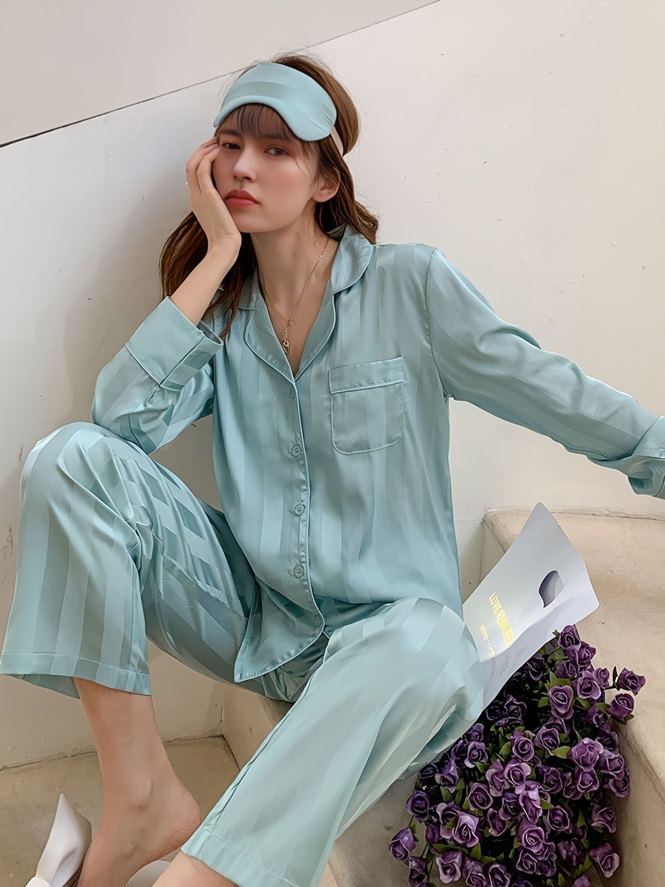 Satin Striped Pajamas Set Button Up Blouse & Pants