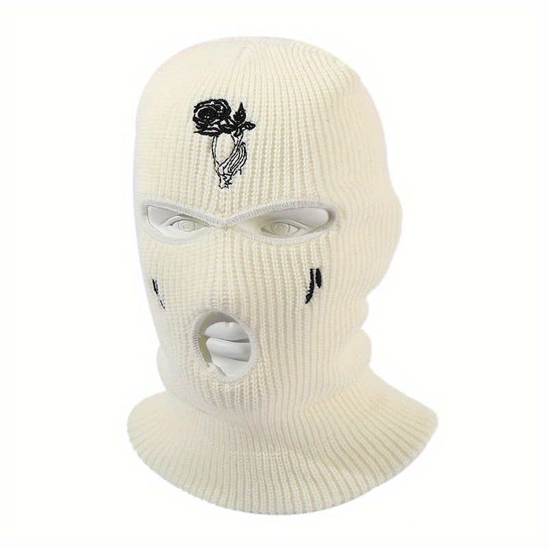 Unisex Thermal 3 Hole Knitted Mask with Flower Embroidery