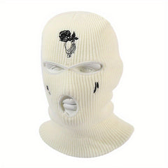Unisex Thermal 3 Hole Knitted Mask with Flower Embroidery