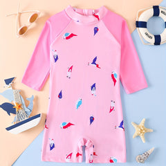 Toddler Girls Parrot Graphic Long Sleeve Round Neck One Piece Swimsuit