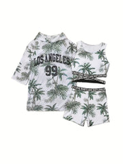 Girls Coconut Tree Graphic Swimwear Set for Summer Beachwear
