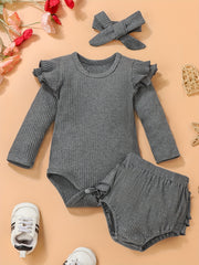 Autumn Cotton Baby Outfit Flying Sleeve Romper Ruffled Trim Pants Set