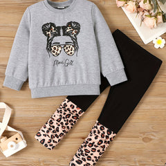 Toddler Girl Figure Print Pullover Sweatshirt And Leopard Panel Pants Set