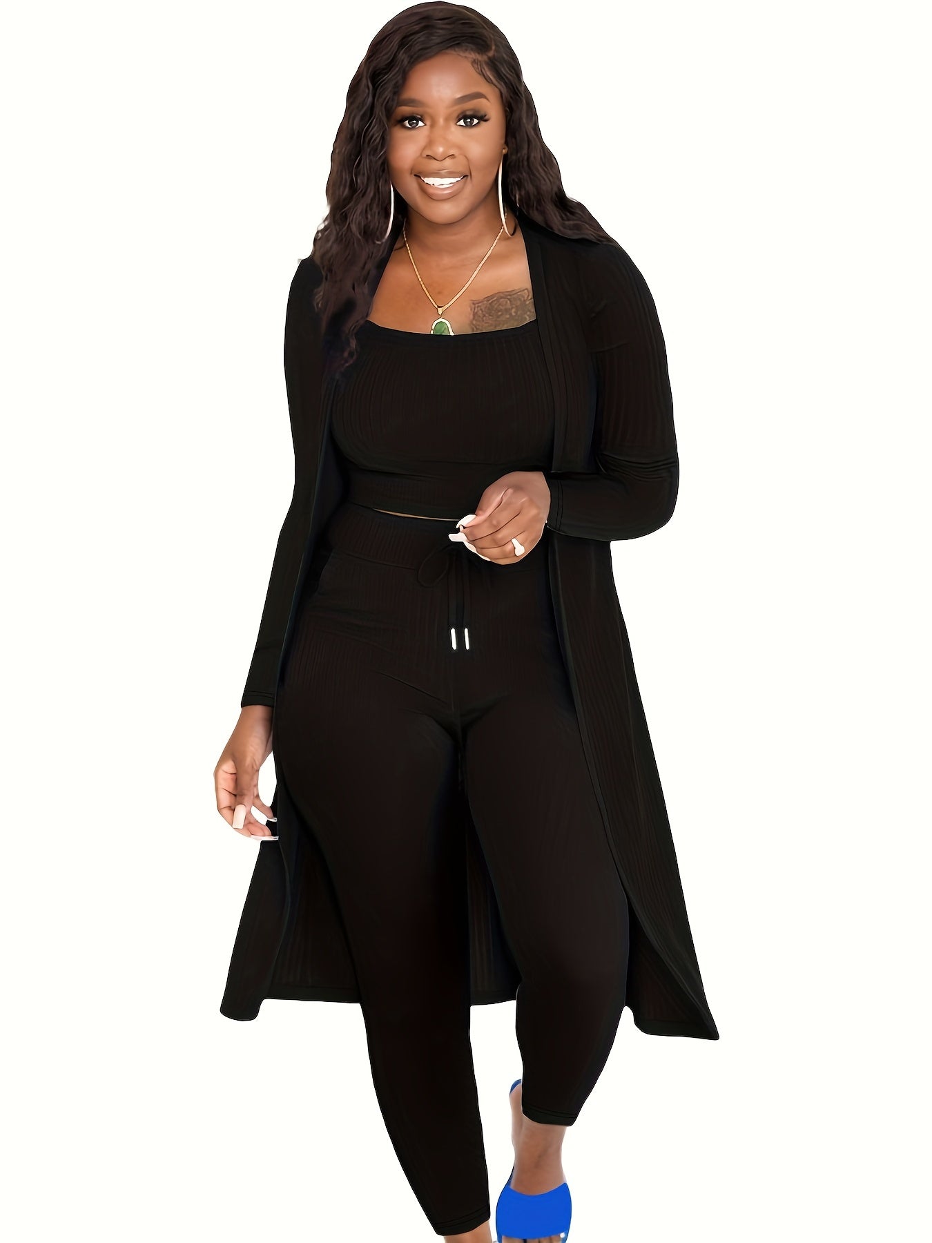 Ribbed Crop Top & Tie Leggings & Cardigan Set