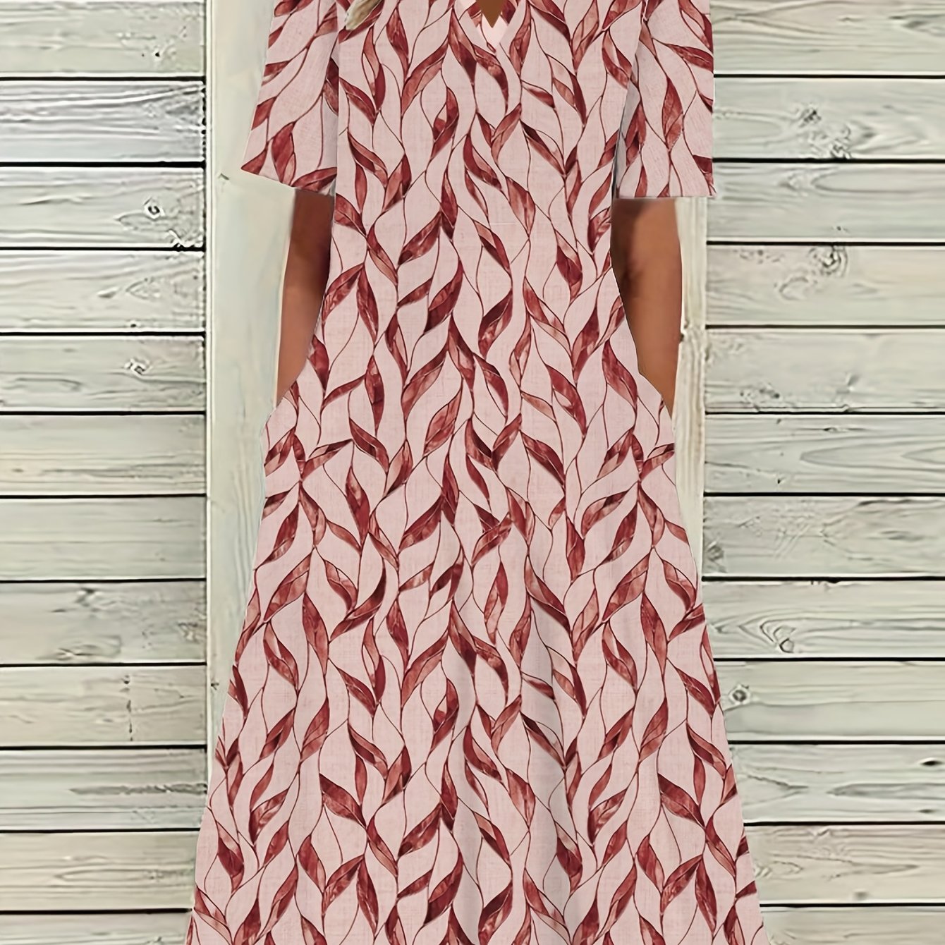 Leaf Print Short Sleeve Dress With Pockets
