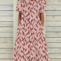 Leaf Print Short Sleeve Dress With Pockets