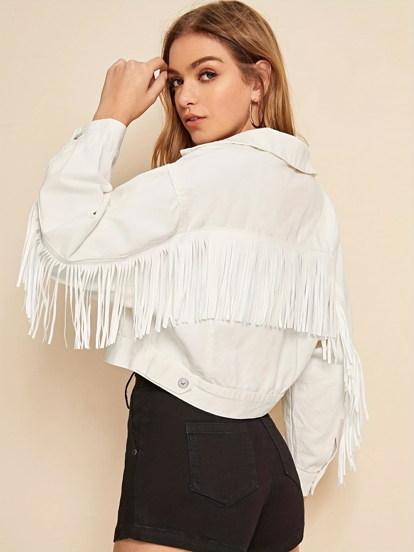 Fringe Trim Denim Jacket Flap Pockets Lapel Coat Women's Clothing